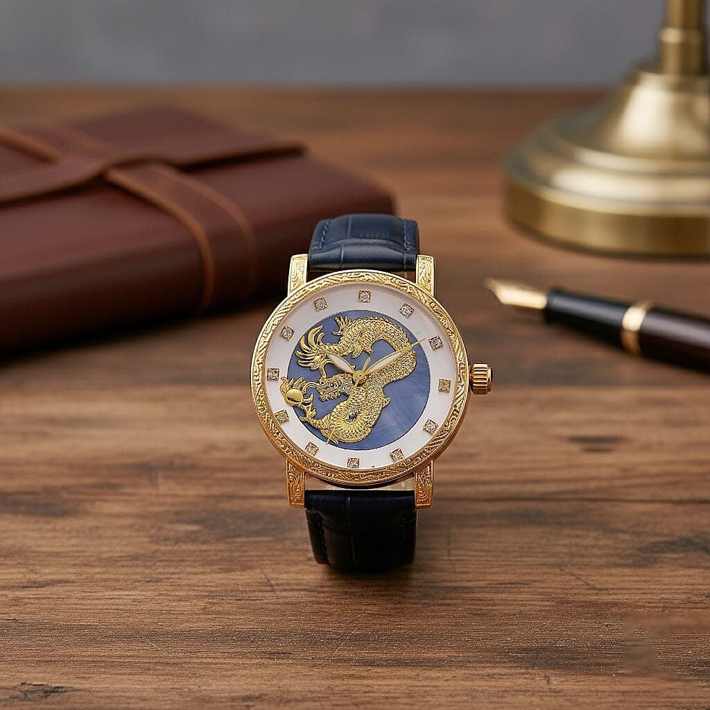 GENOA TIME LIMITED EDITION Dragon Series 3ATM WR Mother Of Pearl Dial & Gold Case Watch with Austrian Crystal Accents & Blue Leather Strap Presented in a Gift Box